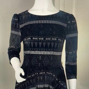 Topshop Black Velvet Skater Dress Multi Ethnic Aztec Print - Size 4